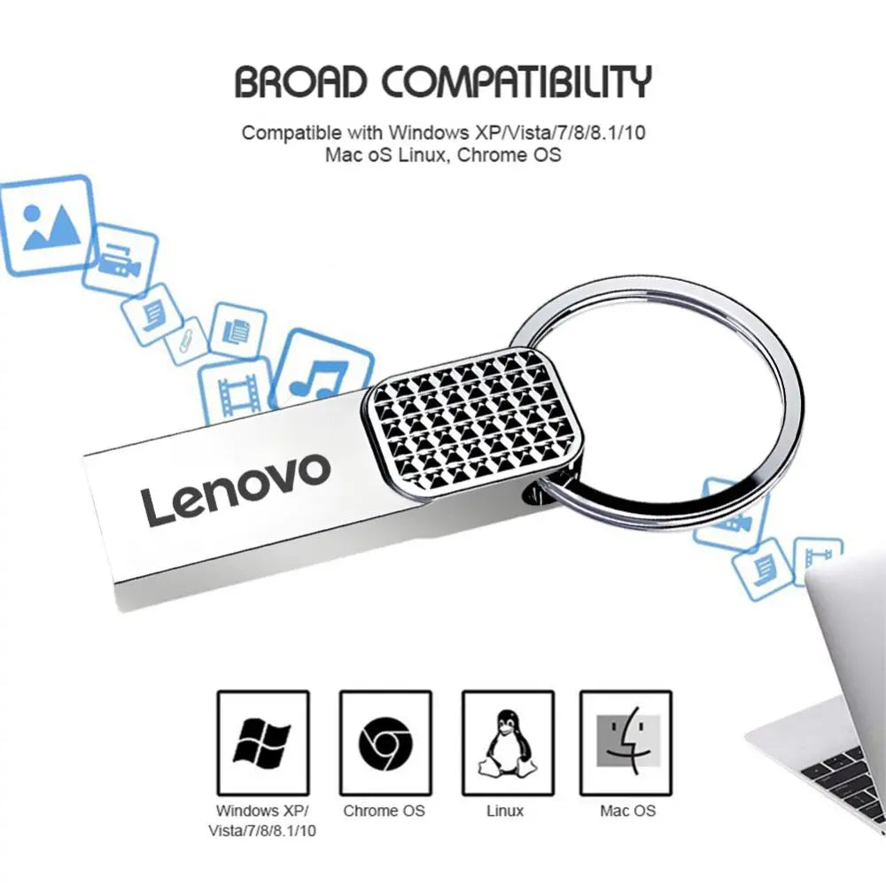 The Lenovo 2TB USB 3.0 OTG Pen Drive offers high-speed storage with a sleek silver finish and keyring, adorned with icons of documents, music, and photos, highlighting its compatibility with Windows, macOS, Linux, and Chrome OS.