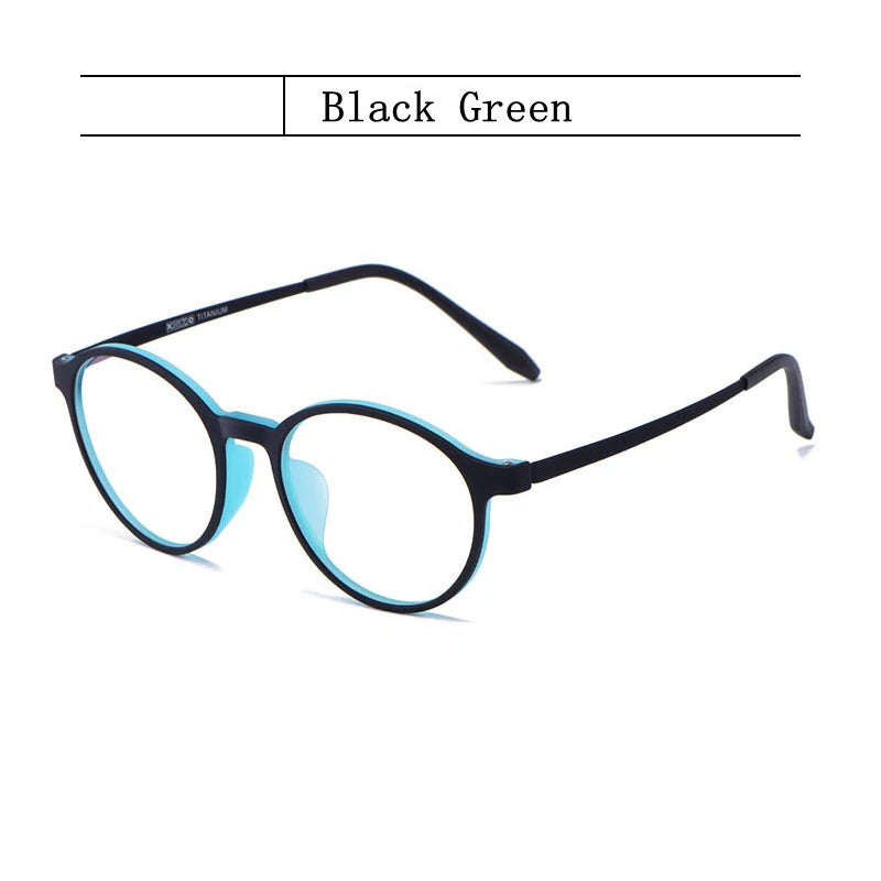 The OUTMIX Pure Titanium Anti Blue Light Reading Glasses feature round black frames with green-tinted lenses labeled Black Green. The temples are slightly curved, made from pure titanium, and finished in black.