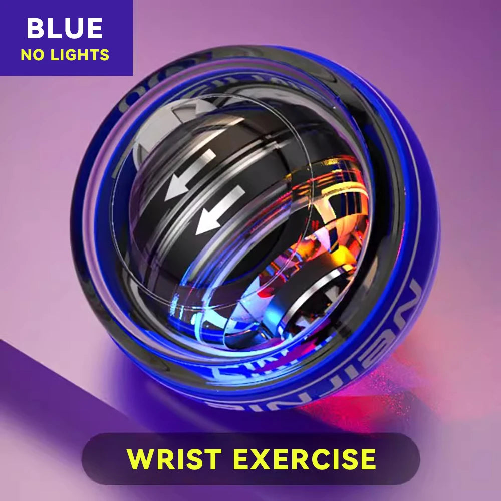 Close-up of a blue Wrist Trainer Self-starting Gyro Ball with arrow graphics. Text in the top left corner reads BLUE, NO LIGHTS; at the bottom, WRIST EXERCISE is in yellow on a purple background. Ideal for adjustable intensity wrist training, featuring reflective colorful lighting inside.