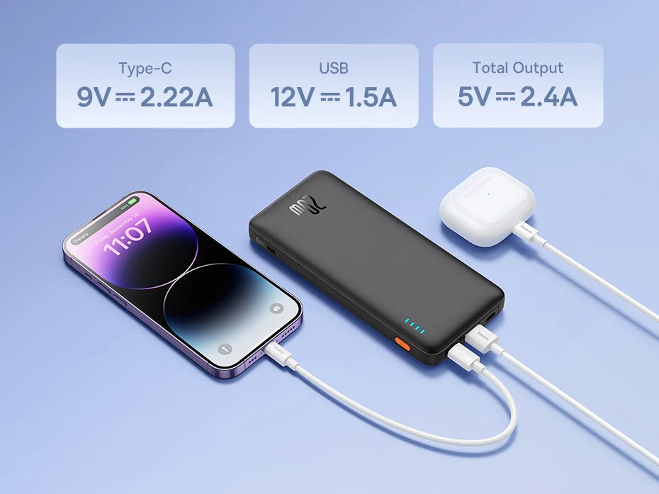 A smartphone and wireless earbud case connect to the Baseus Airpow 20W Power Bank via two cables. This 10000mAh fast charge portable charger has an LED indicator displaying charge levels and output details, including Type-C, USB, and total output, all on a blue surface.