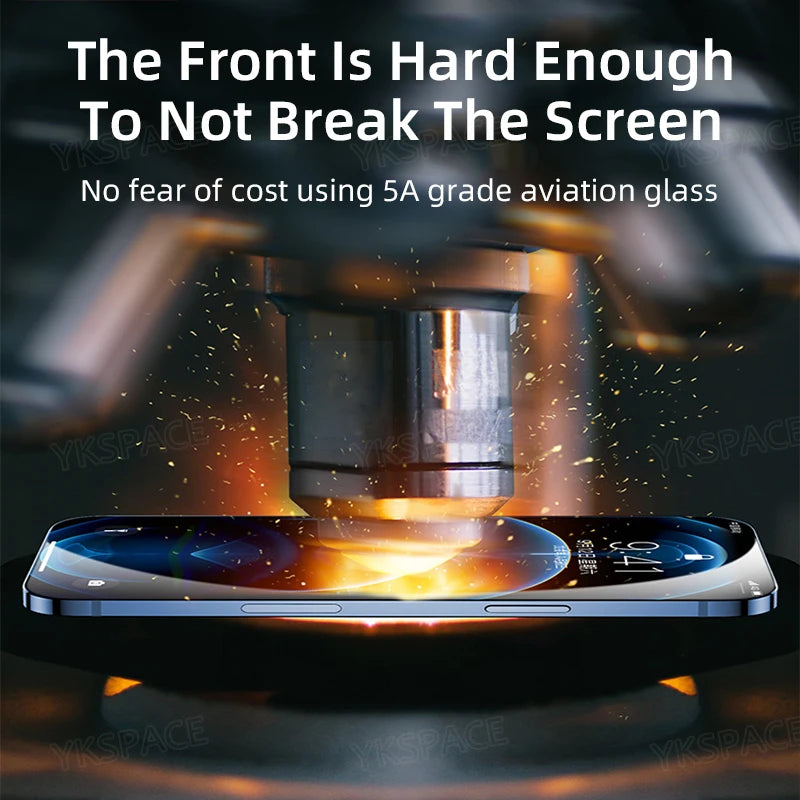A smartphone with a curved screen is pressed by a metal cylinder, highlighting the YKSPACE 2Pcs Anti Blue-Ray Tempered Glass Screen Protector, emphasizing its 5A grade aviation glass and Eye Care Technology for superior anti blue-ray protection: The Front Is Hard Enough To Not Break The Screen.