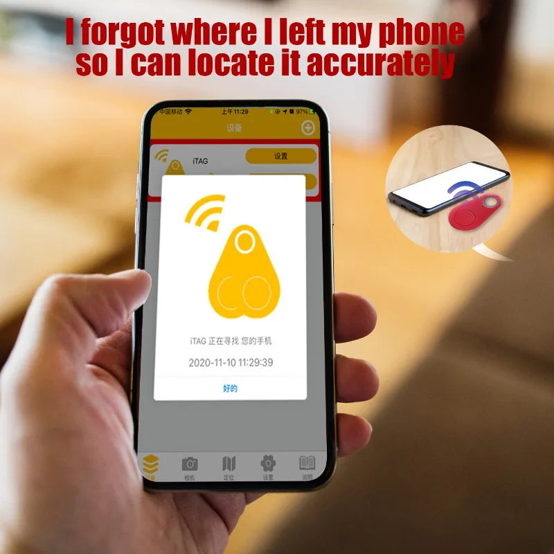 A person holds a smartphone showing a tracking app with iTAG active, while a Mini Smart Bluetooth Tracker - GPS Locator for Pets sits on the table. Text above reads, I misplaced my phone but found it precisely using real-time tracking.