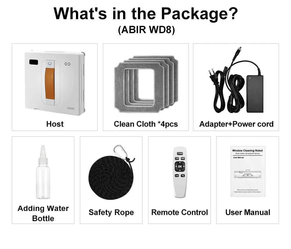 The image displays labeled components of the ABIR WD8 Robot Window Vacuum package, featuring a laser-sensor-equipped host device and dual spray system, four cleaning cloths, an adapter with power cord, a water bottle for refills, a safety rope, remote control, and user manual.