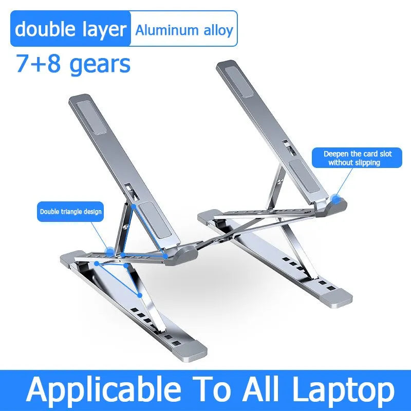 The Adjustable Aluminum Laptop Stand for Comfort and Portability features an ergonomic, double-layer folding design with 15 adjustable gears and a card slot for stability. Its robust build suits all laptops, while the blue and white colors highlight its comfort-focused features.