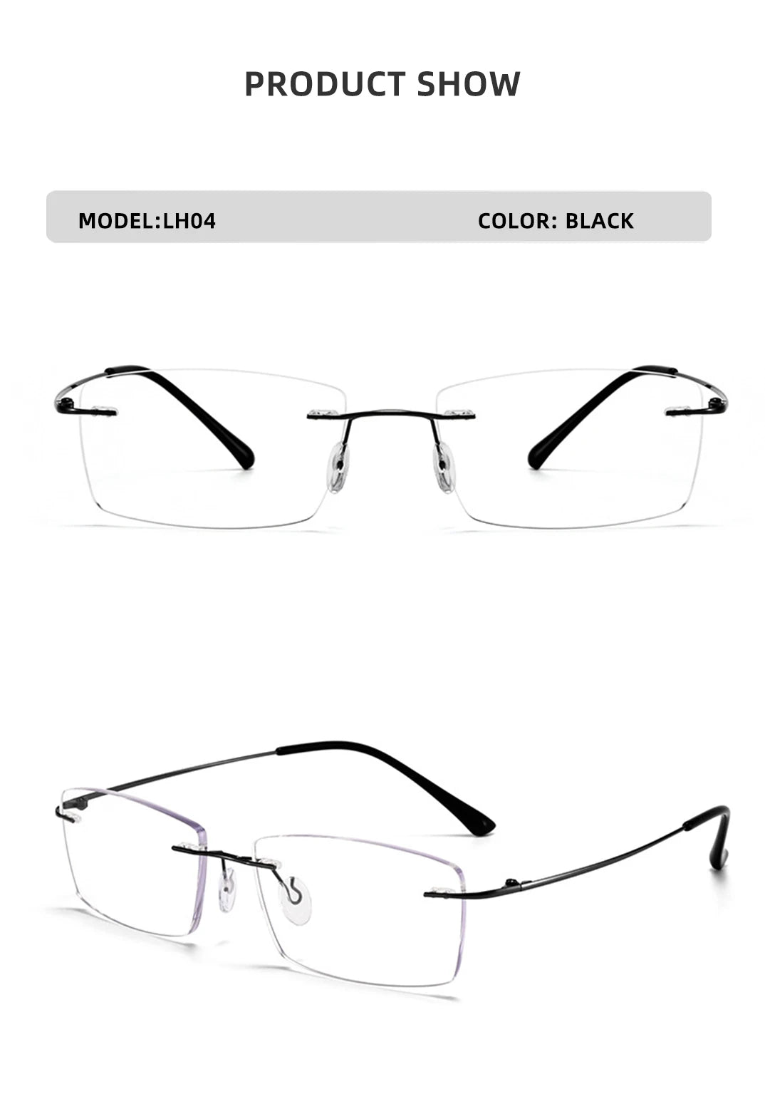 Two views of the YINSQER Titanium Rimless Reading Glasses with black temples are displayed. Known for its sleek design, the LH04 model offers style in black with Scratch-Resistant lenses for added durability and blue light blocking.