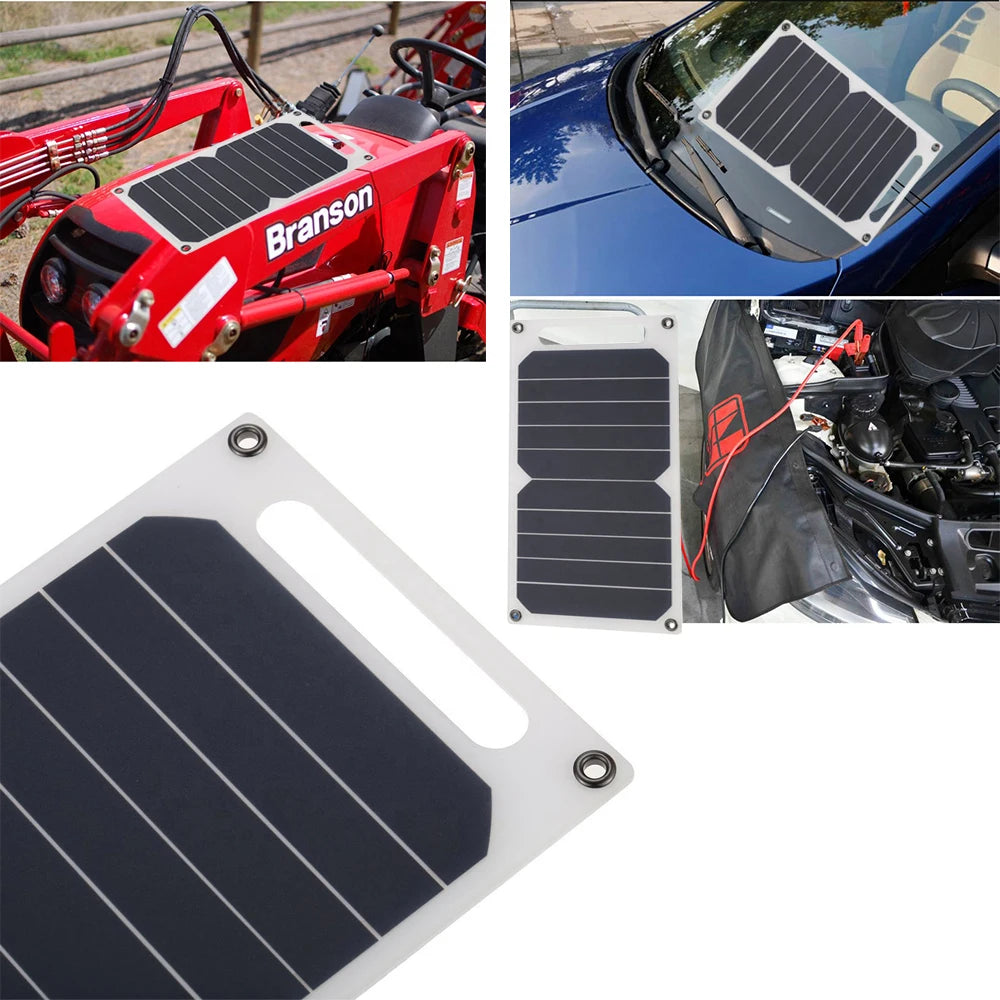 Collage of images featuring EESBAO 35W Solar Panel - Portable USB Charger: Top left shows panel on farm equipment; top right, panel on car hood for camping; bottom left, a close-up view; and bottom right, it’s connected to a portable USB charger and car battery.
