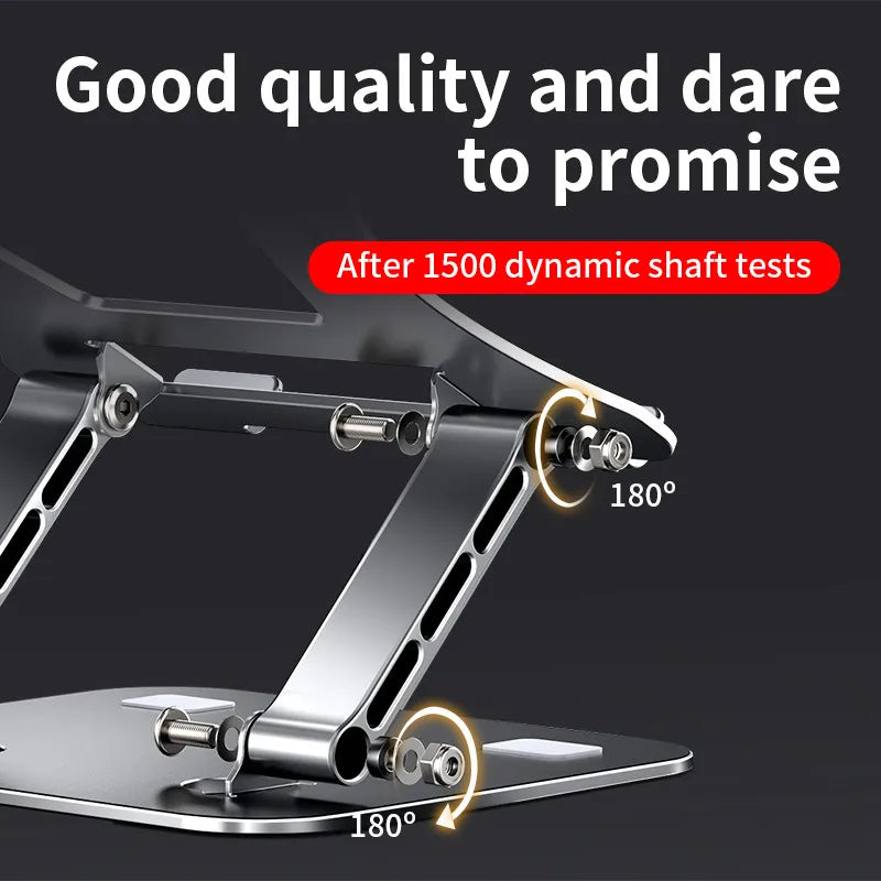 A close-up of the Adjustable Aluminum Laptop Stand showcases its hinge mechanism. Above, it reads Good quality and dare to promise, and below, After 1500 dynamic shaft tests. This ergonomic portable holder is angled at 180 degrees.
