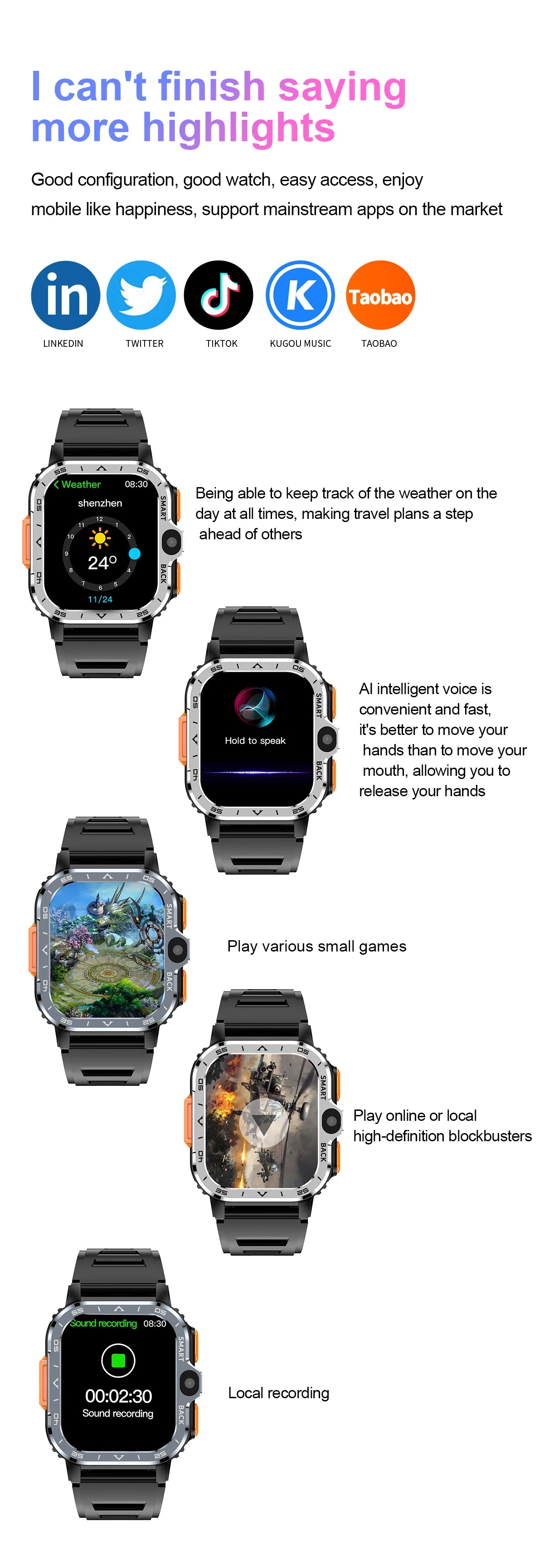 Explore the Valdus PGD Smart Watch for Men in this infographic, showcasing advanced apps and 4G dual camera features. Enjoy weather updates, voice commands, games, local HD playback, recording, and popular app icons like LinkedIn and TikTok with vivid images and descriptions.