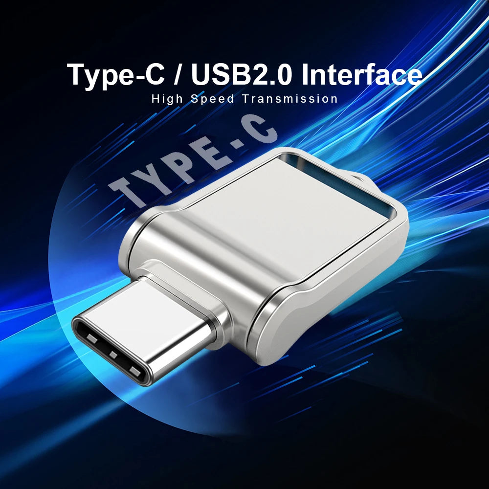The MicroDrive Mini USB 2.0 Flash Drive, available in 64GB and 32GB, is displayed against a blue dynamic background with a sleek silver Type-C to USB 2.0 adapter. White text highlights Type-C / USB2.0 Interface - High Speed Transmission.