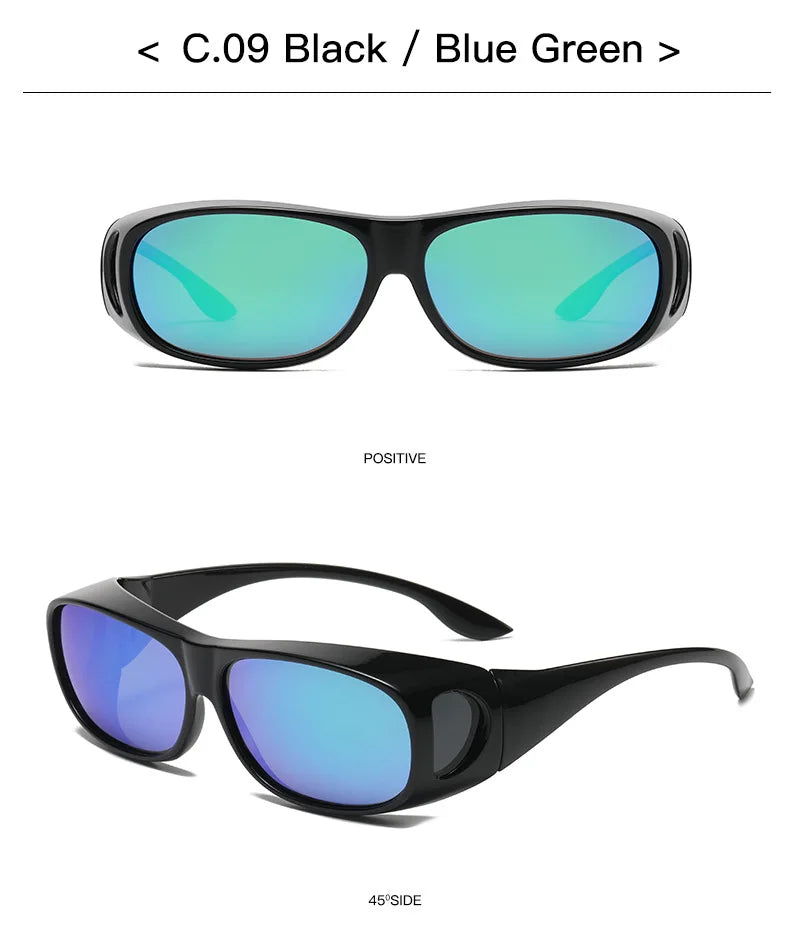 Image of MOKDUFF Polarized Sunglasses - black frames with blue-green reflective lenses. Top view shows the front, and bottom view highlights a side angle, showcasing the UV400 protection design and frame shape.