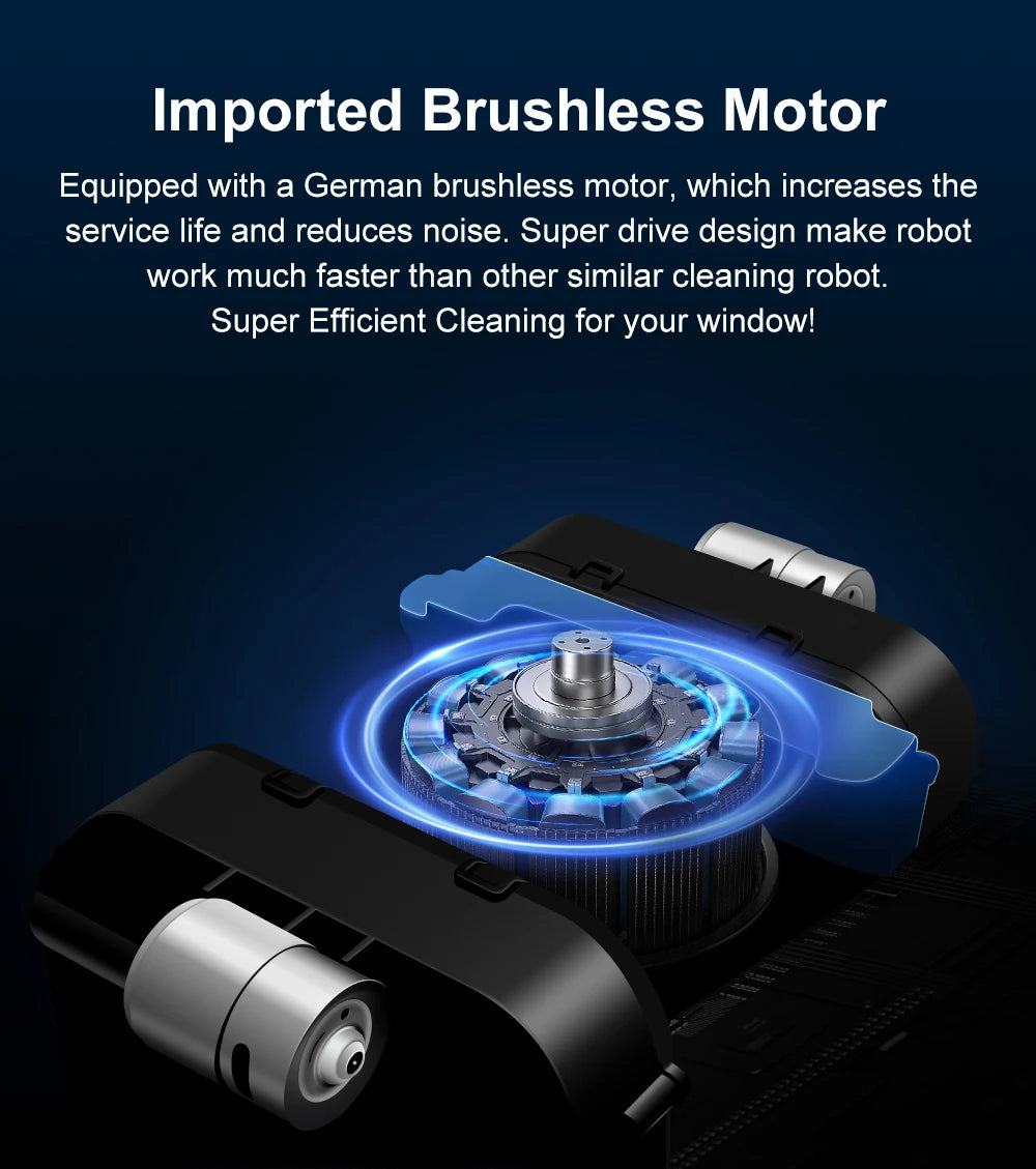 Close-up of the ABIR WD8 Robot Window Vacuums imported brushless motor with a neon blue glow, highlighting its components. Text explains its efficiency, durability, and silent operation for effective window cleaning using dual spray and laser sensor technology.
