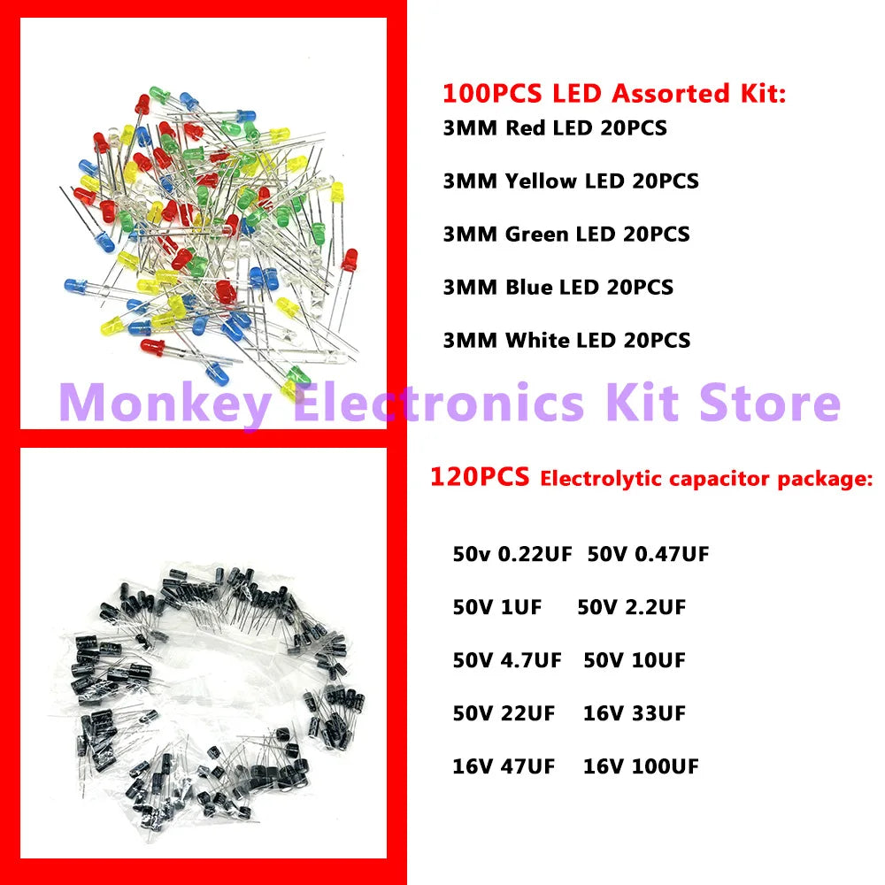 Image of the NoEnName_Null 6-in-1 Component Kit for Mobile Repairs from Monkey Electronics Kit Store with 100 3mm LEDs in red, yellow, green, blue, and white + 120 assorted electrolytic capacitors. Ideal for DIY mobile repairs.