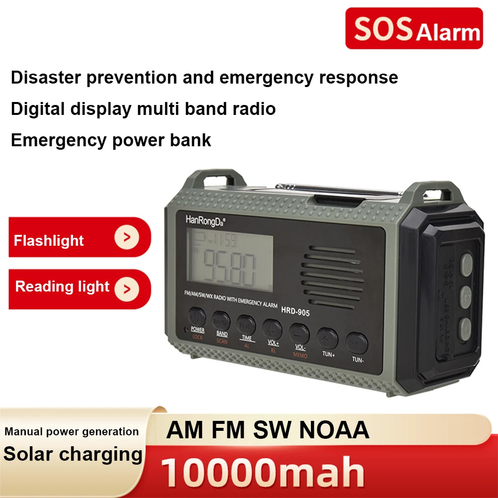 Introducing the APWIKOGER 10,000mAh Solar Hand Crank Emergency Radio. This versatile device includes a digital display, flashlight, reading light, AM/FM/SW/NOAA bands, manual crank power, and solar charging. The red SOS alarm ensures youre prepared for emergencies.