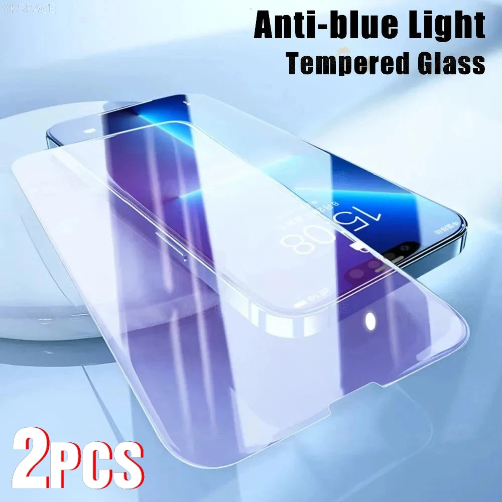 A smartphone displays a blue-lit screen with a clear YKSPACE 2Pcs Anti Blue-Ray Tempered Glass Screen Protector above it. Bold text highlights Anti Blue-Ray Eye Care Technology and 2PCS in red and white.