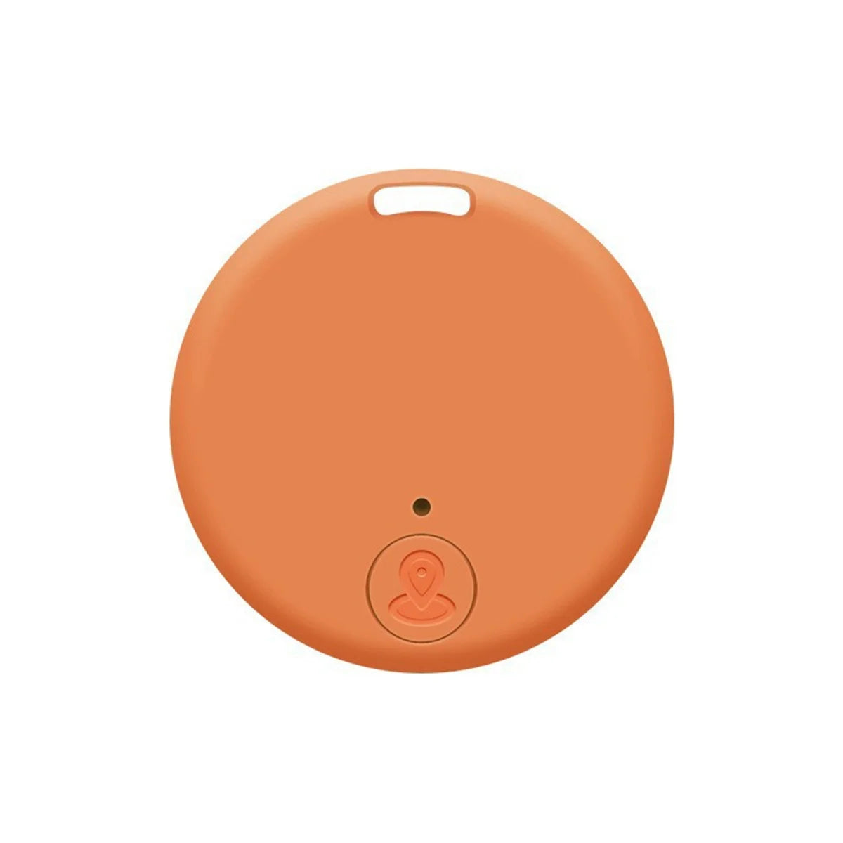 The Mini Bluetooth GPS Tracker is an orange, round device with a small hole and location pin symbol at the base. It has a top cutout for easy attachment and offers smooth, minimalistic design with real-time tracking for peace of mind, perfect for pets and kids.