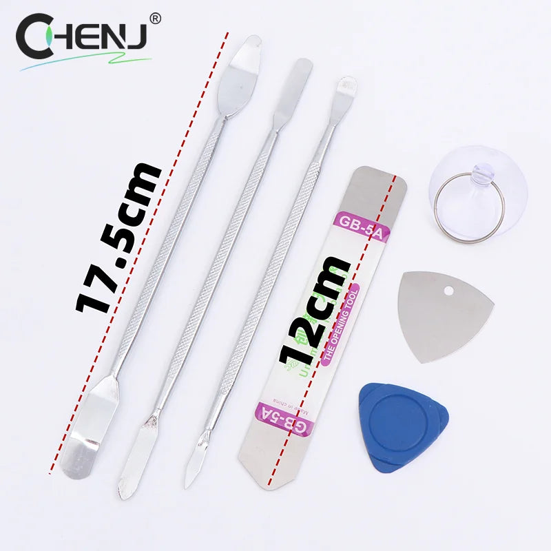 The 7pcs Metal Spudger Kit for Easy Phone Repairs includes three double-ended spatulas, a 12cm labeled metal spudger, a suction cup with keyring, and two guitar pick-like pieces in blue and silver. Free shipping included on this essential toolkit.