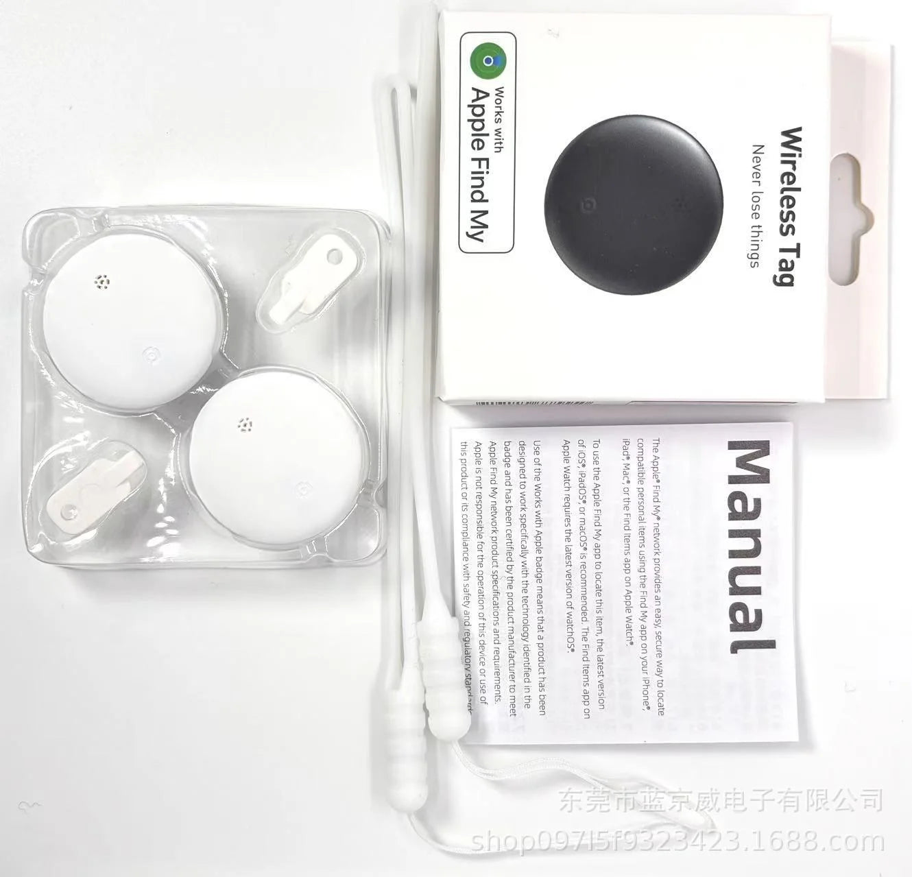 The NoEnName GPS Tracker packaging includes two circular tags, a user manual, and a strap. Nearby is a box stating its compatible with Apple Find My for precise global searches or easy location via the Find My App Locator.