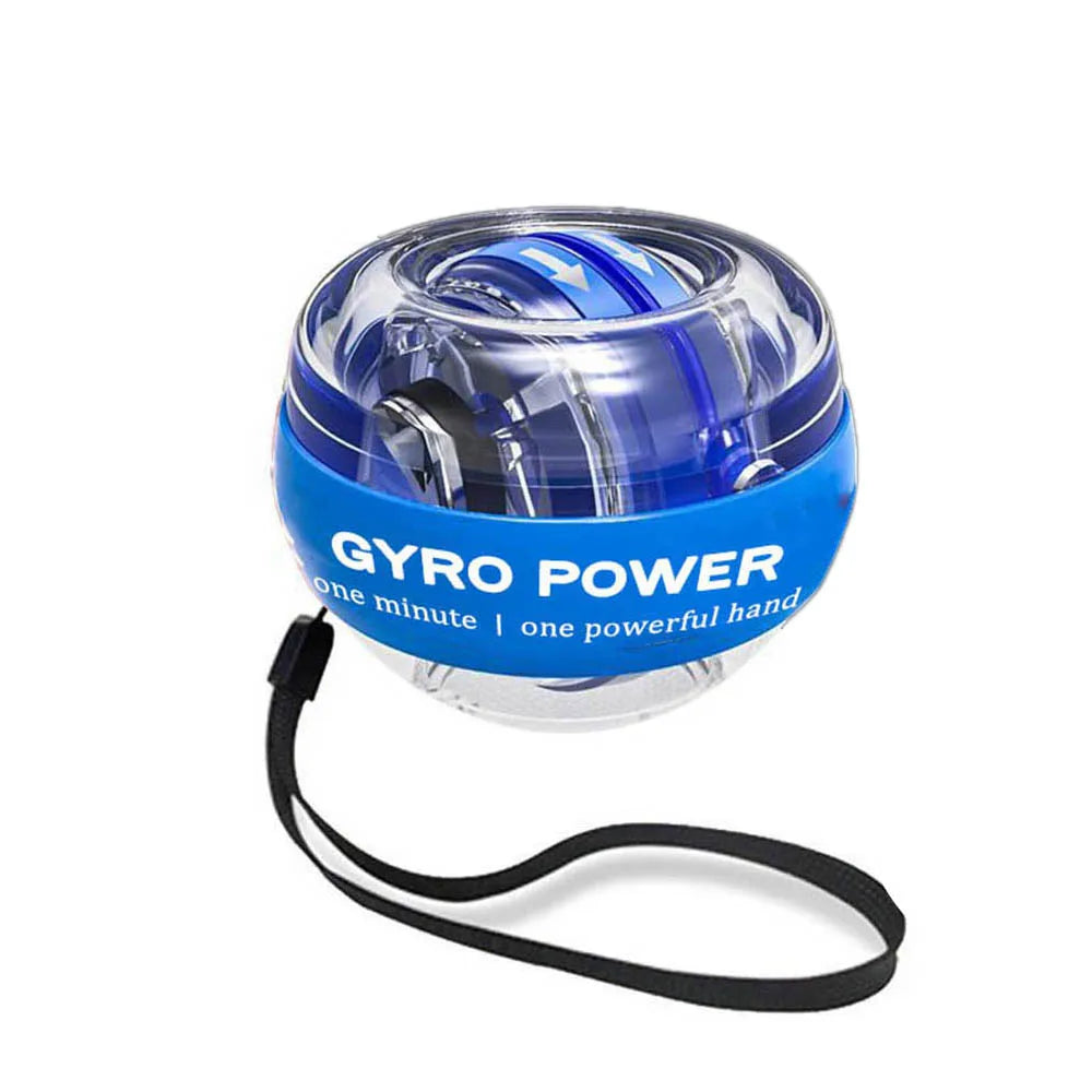 The Self-Starting Gyro Ball for Enhanced Grip Strength features a clear design with blue accents and the text GYRO POWER. Its an ideal addition to your home gym equipment and includes a black wrist strap at the base for secure use.
