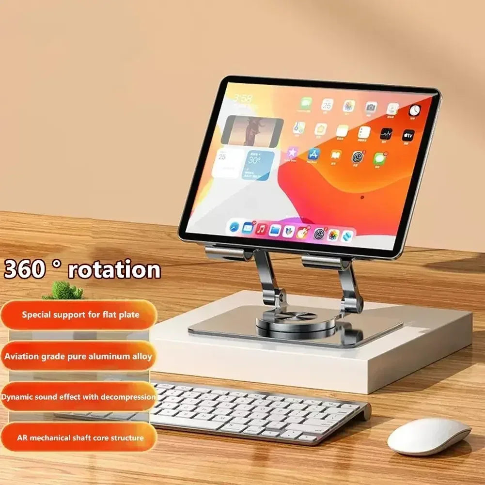 The Adjustable 360° Rotatable Tablet Stand for 4.7-12 Devices features an aluminum holder on a sleek, adjustable stand with full rotation, dynamic sound effects, and an AR mechanical shaft, all highlighted in vibrant orange boxes. The setup includes a wireless keyboard.