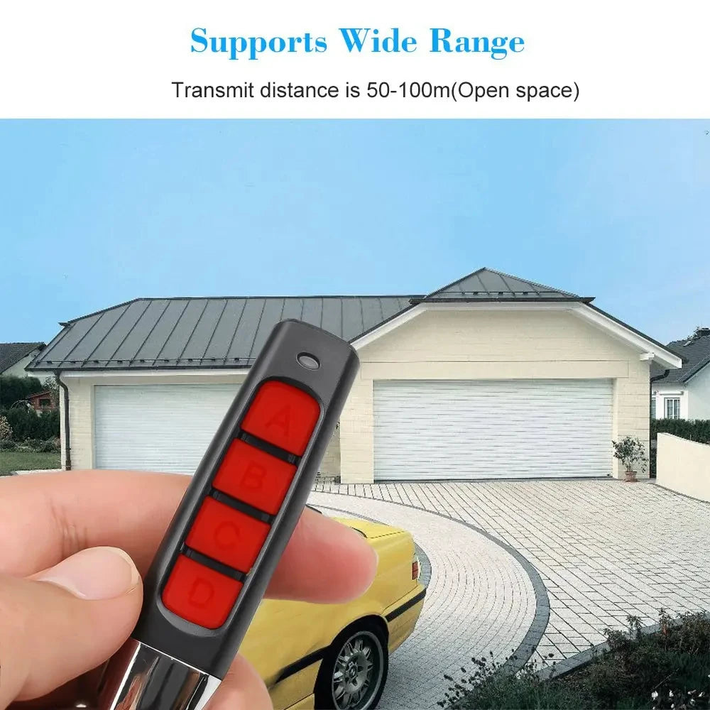 A hand holds the Universal 433MHz Wireless Remote Control For Garage Access, featuring four red buttons labeled A-D, in front of a house with a triple garage and yellow car; text above highlights its garage access range.