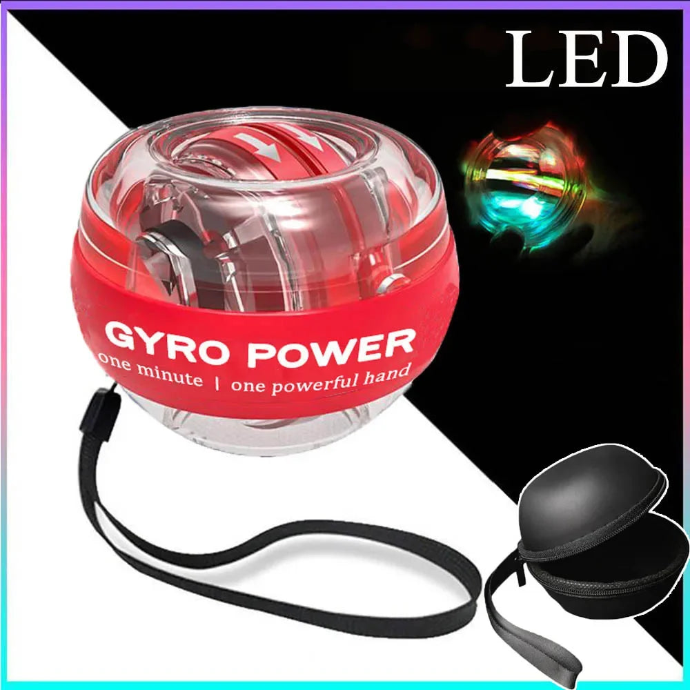 The transparent LED Gyro Wrist Force Handball: Automatic Power features a red band, LED lights for strength training, includes a wrist strap, and has an inset image of a sleek black case showcasing the glowing ball in use.