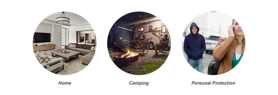 Three circular images: a modern living room labeled Home, people camping with an RV labeled Camping, and a woman on the phone with someone behind her labeled Personal Security, featuring the KERUI Mini Motion Detector Alarm - 120DB Siren for added protection.