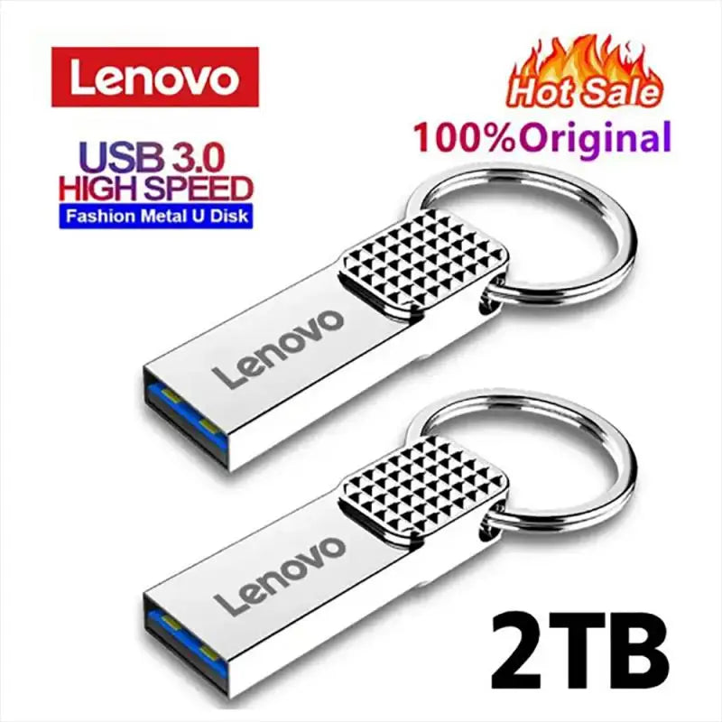 Two Lenovo 2TB USB 3.0 OTG Pen Drives, made of sleek metal with keyrings, offer high-speed performance. Hot Sale and 100% Original are highlighted in bold red. The design features a modern geometric pattern on the surface for added style.