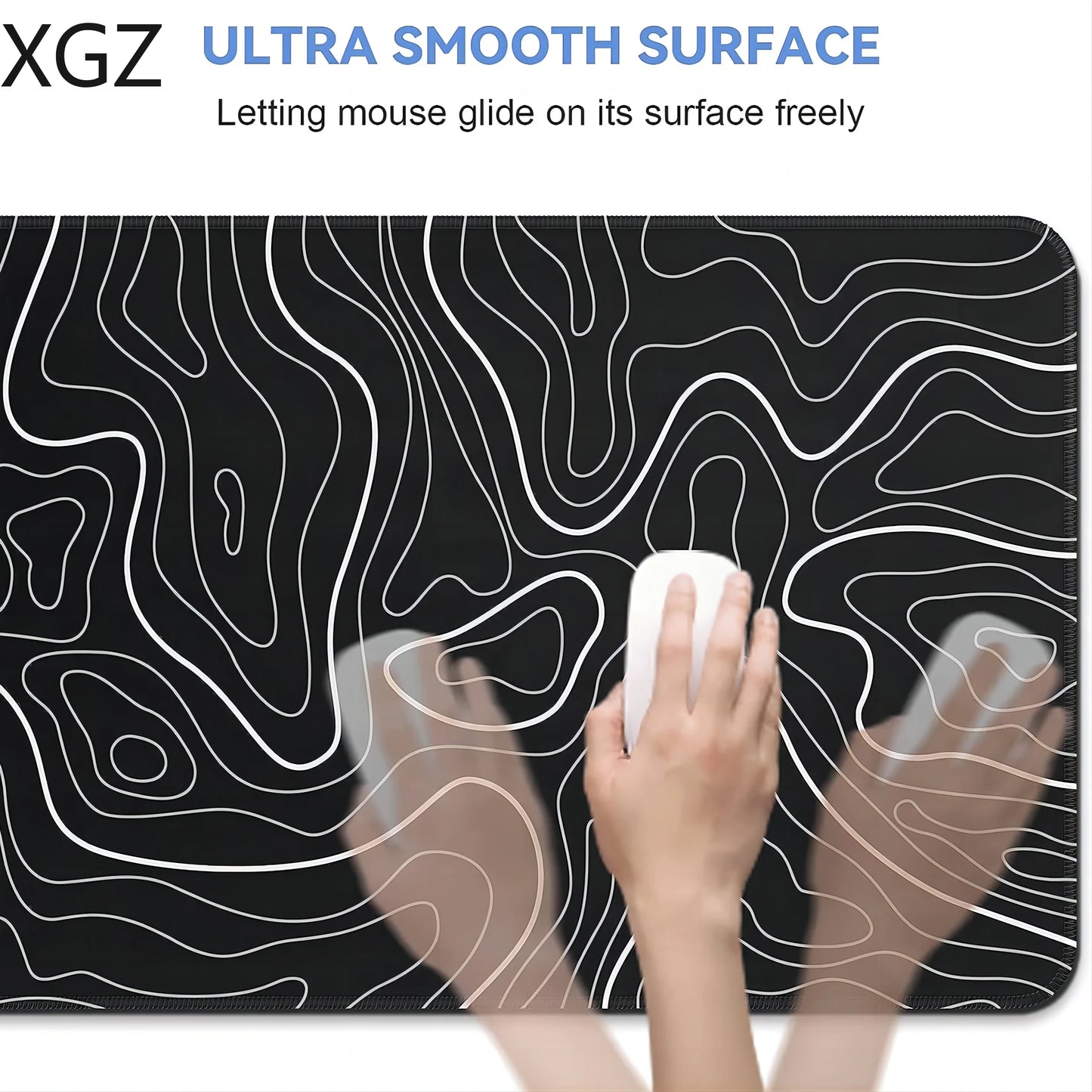 A hand guides a white mouse effortlessly across the Large Terrain Map Gaming Mouse Pad, with its white abstract lines on black background and motion blur. The text reads ULTRA SMOOTH SURFACE: Featuring a durable, non-slip surface for seamless movements by XGZ.