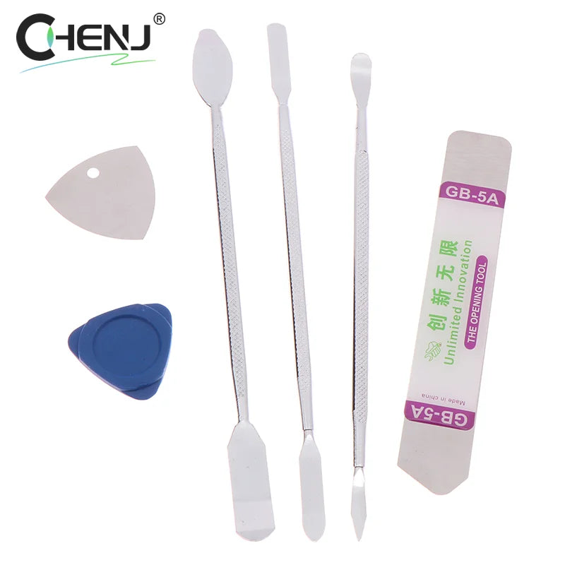 The 7pcs Metal Spudger Kit includes two metal spudgers, two plastic pry tools, and a small flathead screwdriver labeled GB-5A, all under the Chenj brand logo. Enjoy free shipping on this essential repair set.