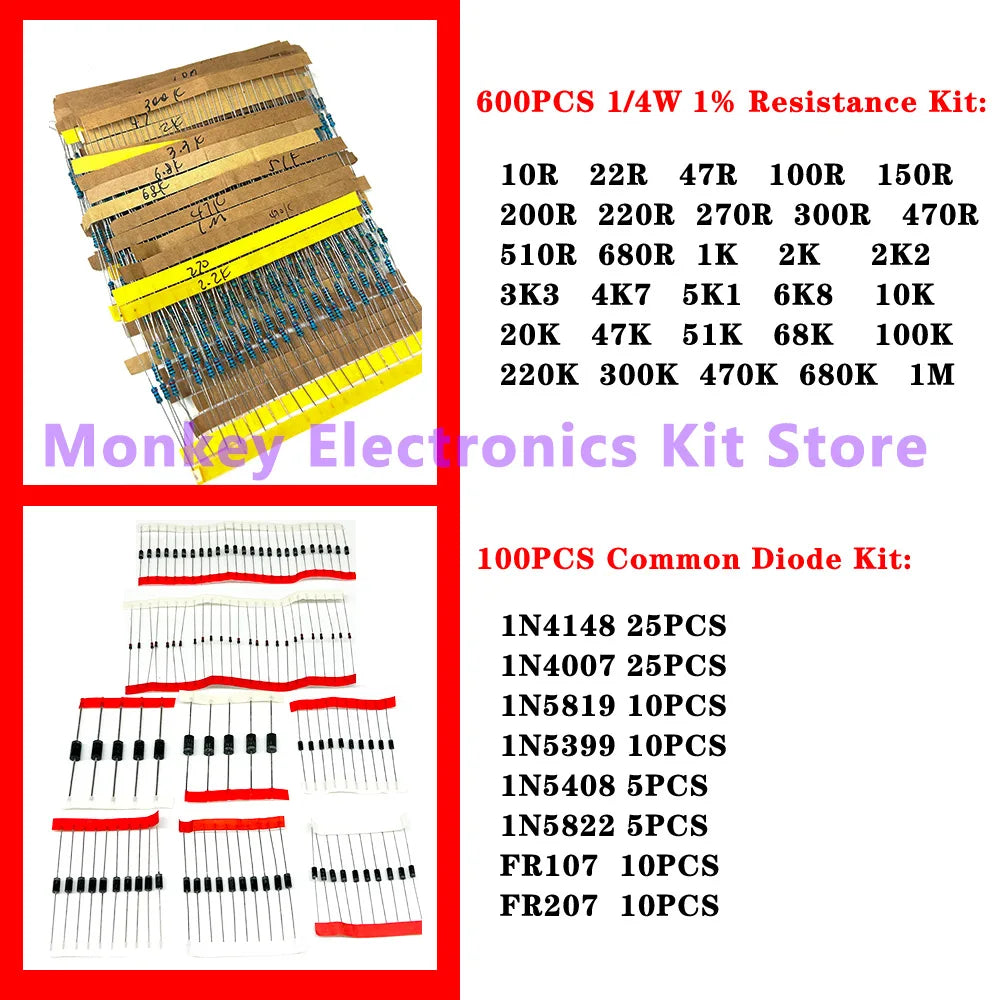 Image of two electronic component kits from Monkey Electronics Kit Store: The top features a 600-piece resistor kit with varied resistance values, while the bottom displays the NoEnName_Null 6-in-1 Component Kit for Mobile Repairs, containing 100 diodes of assorted types and quantities.