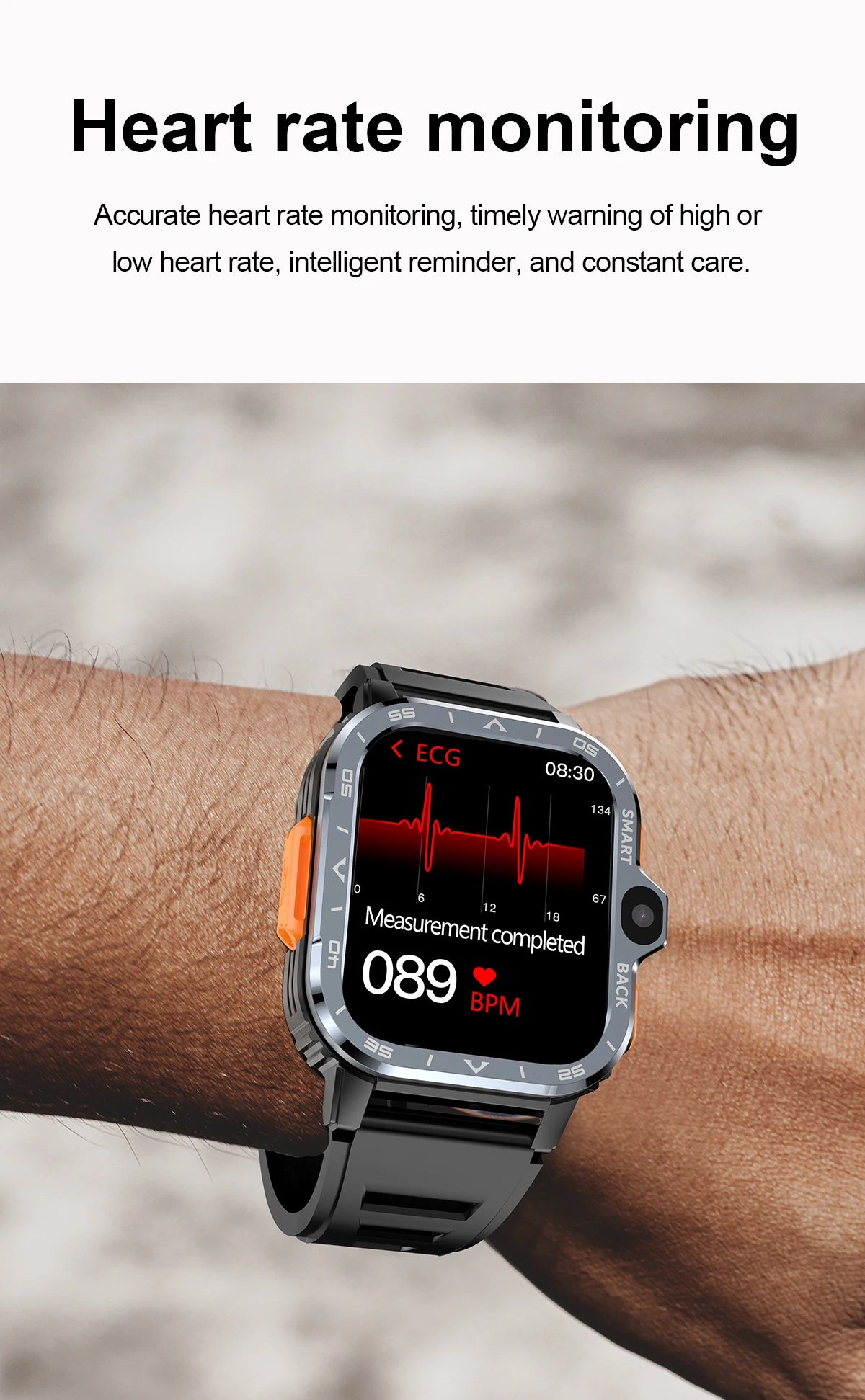 The Valdus PGD Smart Watch for Men - 4G, with a sleek black strap and prominent screen, shows heart rate monitoring and an ECG reading of 089 BPM. This wearable is equipped with advanced health tracking features.
