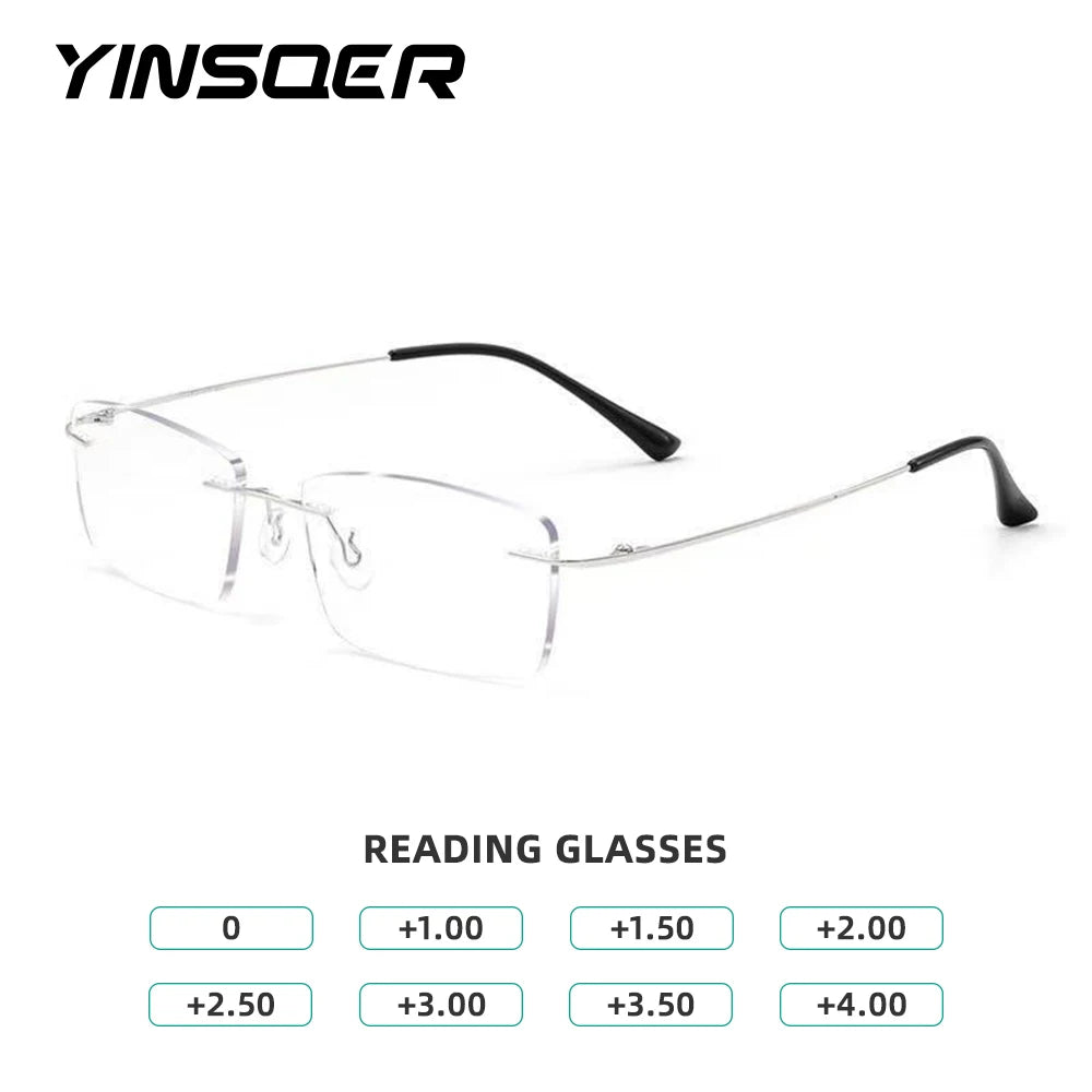 Image of YINSQER Titanium Rimless Reading Glasses with sleek wire rims, available in magnifications from 0 to +4.00, featuring scratch-resistant lenses and blue light blocking.