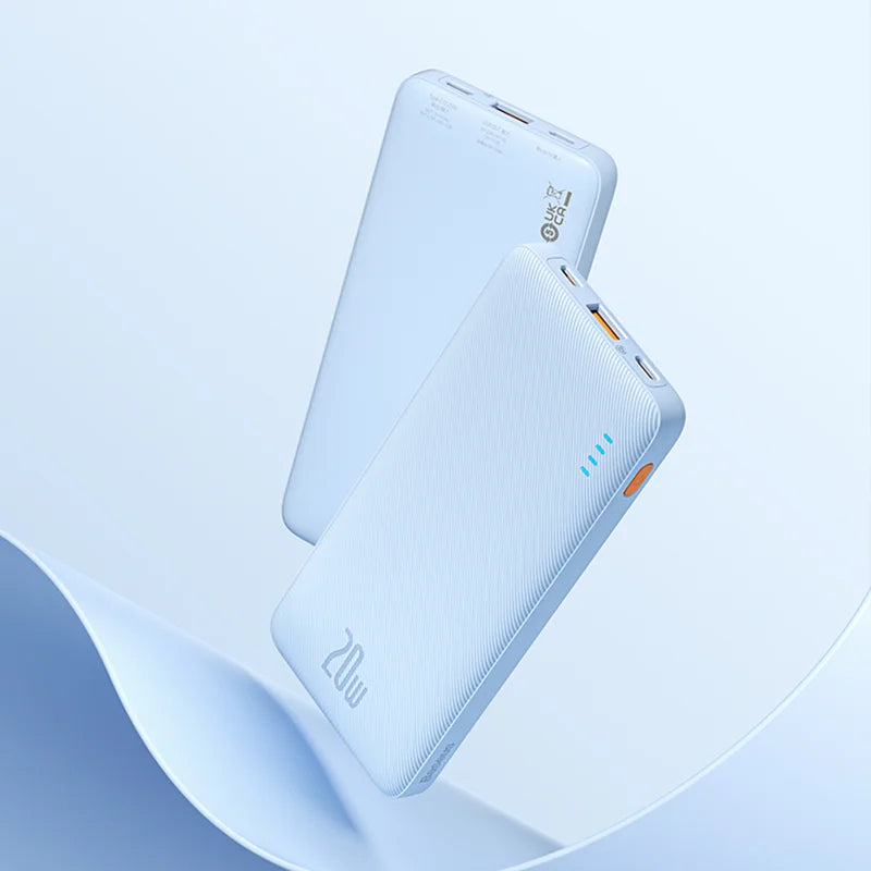 Against a pale blue backdrop, two sleek white power banks stand out. The Baseus Airpow 20W Power Bank 10000mAh showcases its ports and LED indicators, while the other highlights a textured surface. Both devices offer fast charge capabilities with a 20W label at the bottom.