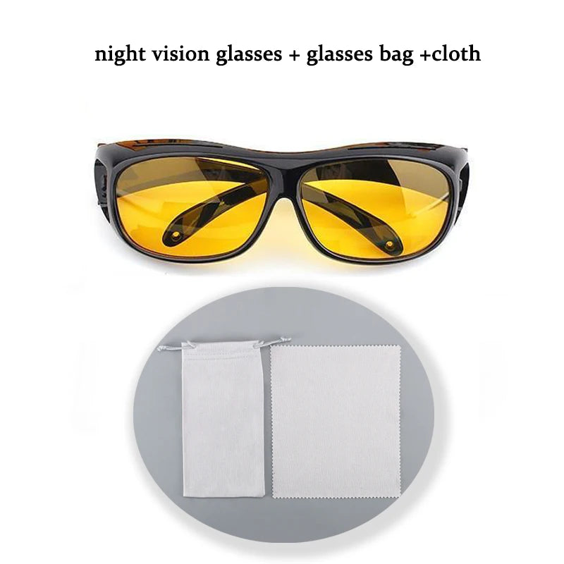 Night vision glasses with anti-glare yellow lenses and a sleek black frame come with a white drawstring bag and cleaning cloth, ideal for night driving. Text: NoEnName Night Vision Glasses - Anti-Glare Driving + Glasses Bag + Cloth.