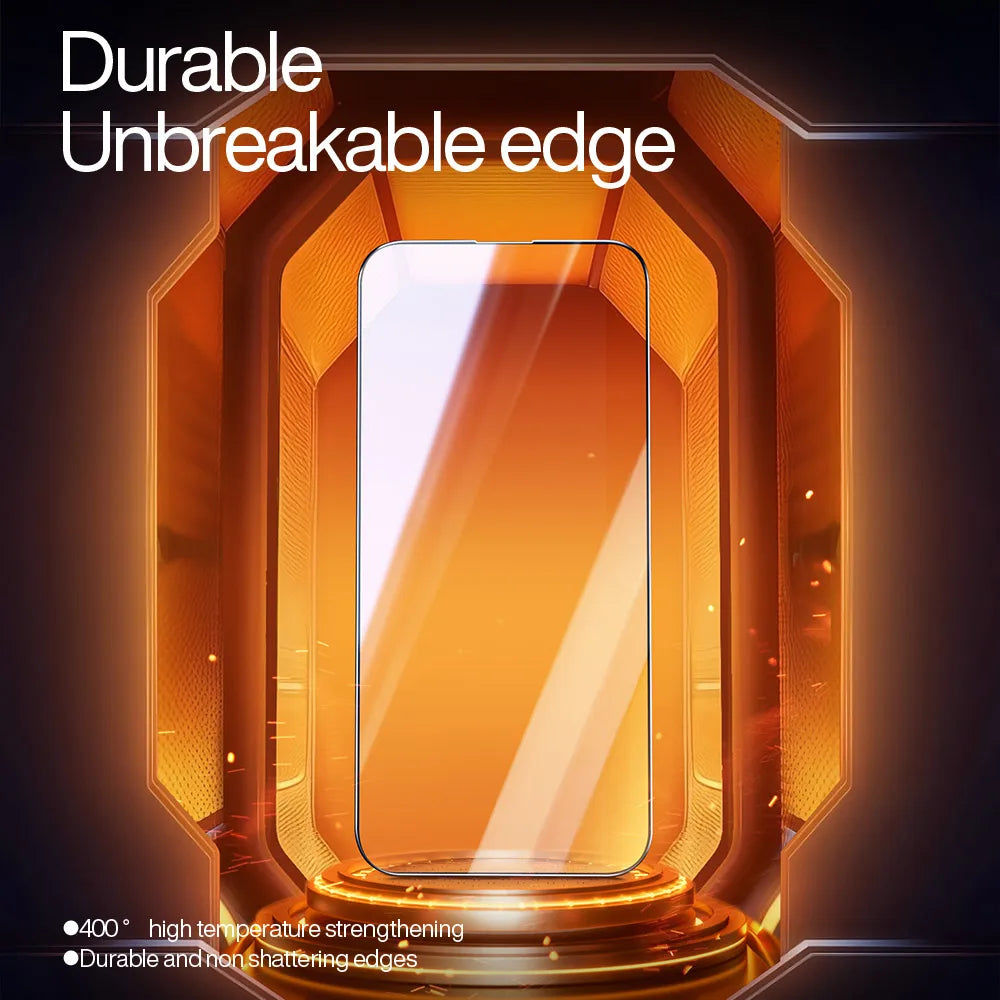 The SmartDevil Tempered Glass Screen Protector for iPhone 16 Pro Max is showcased in a futuristic orange-lit setting, featuring 400° high-temperature strengthening, durable non-shattering edges, and anti-blue light technology for optimal eye protection.