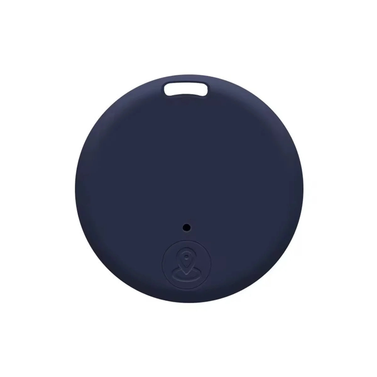 The Mini Bluetooth GPS Tracker is a circular, dark blue device with an embossed location pin, featuring a slot for keyring attachment. Positioned against a white background, its designed for real-time tracking of pets and kids.