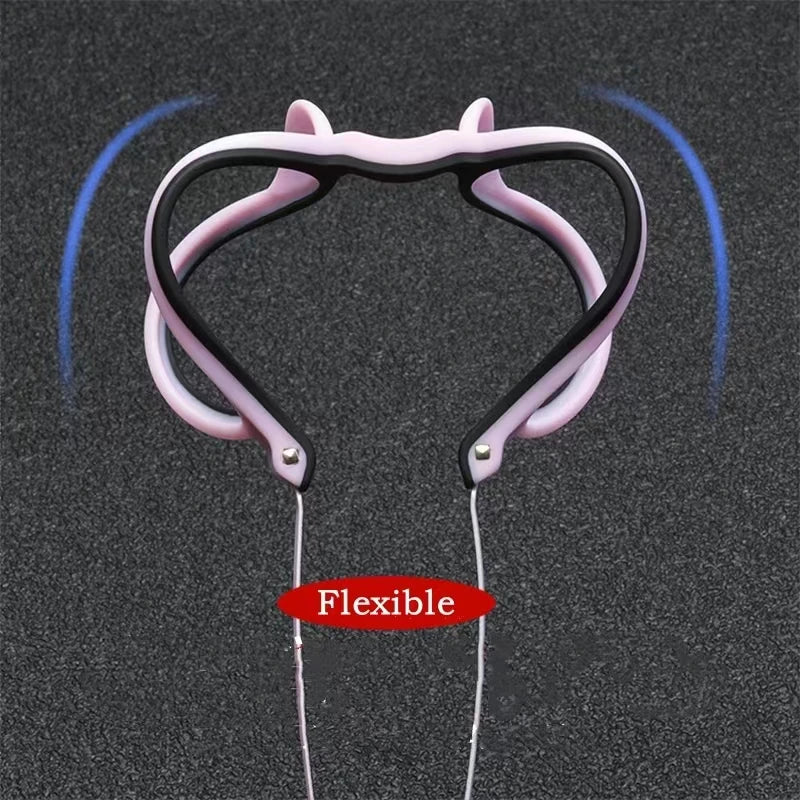 Pink and black neck stretcher with adjustable straps sits on a textured surface, featuring a red label highlighting Flexible. Blue curved lines enhance the design, echoing the sleek OUTMIX Pure Titanium Anti Blue Light Reading Glasses.