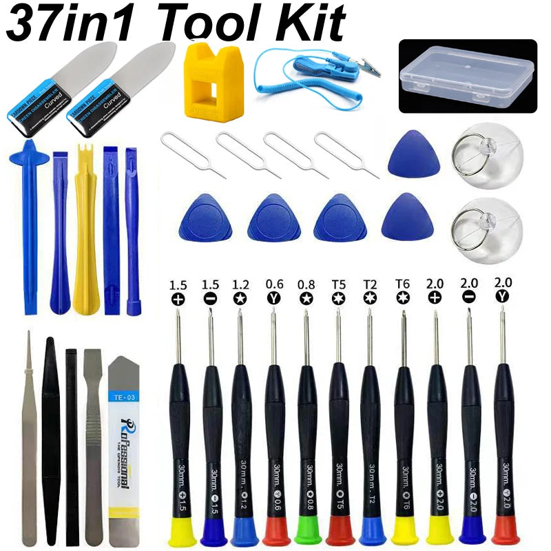The NoEnName 28 in 1 Screwdriver Tool Kit provides key tools for electronic and mobile repairs, including screwdrivers, tweezers, pry tools, SIM ejector pins, and suction cups in a sturdy plastic case against a white background.