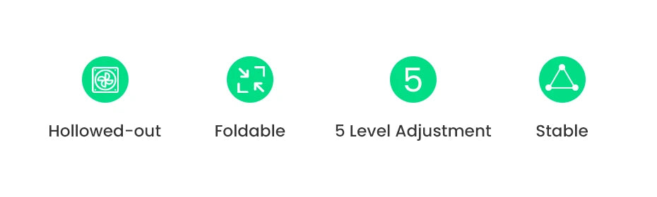 Image showing four icons with labels: Hollowed-out, Foldable, 5 Level Adjustment, Stable. Each green circle features a unique white symbol highlighting the UGREEN Laptop Stands features. Its foldable aluminum design and adjustable height promise ergonomic comfort.