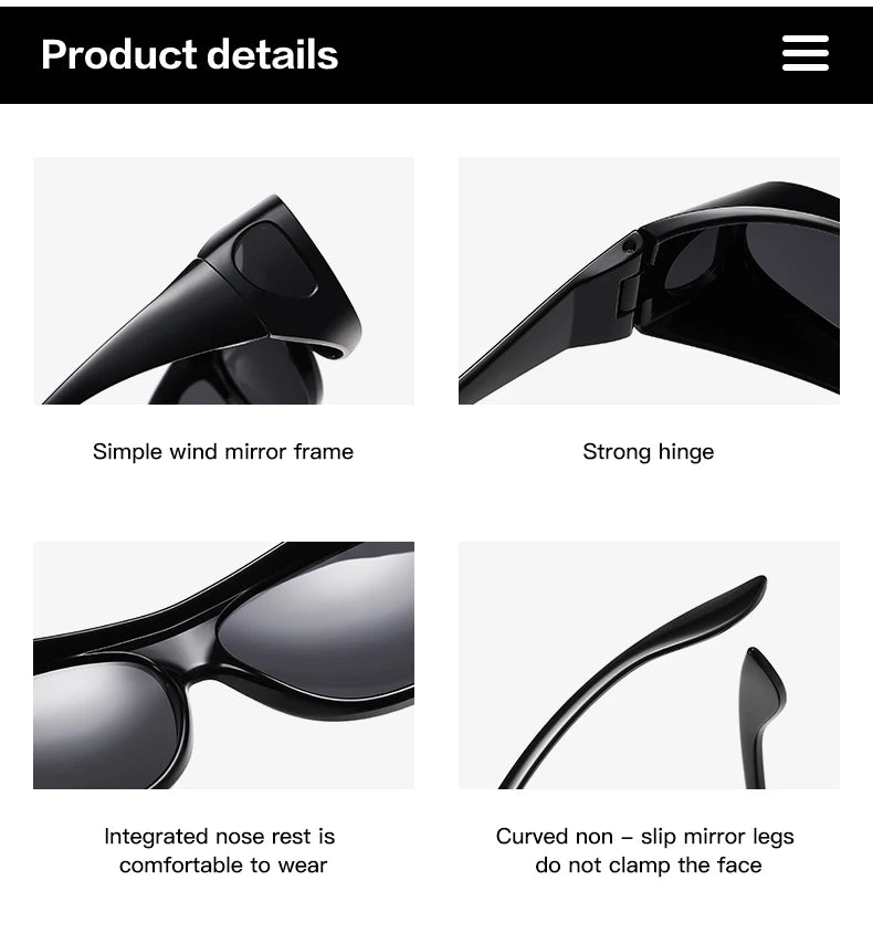MOKDUFF Polarized Sunglasses feature a sleek wind mirror frame, durable hinge, and comfy integrated nose rest. The curved non-slip legs prevent clamping and offer UV400 protection for your eyes. Designed to fit over glasses comfortably, they combine style and functionality effectively.