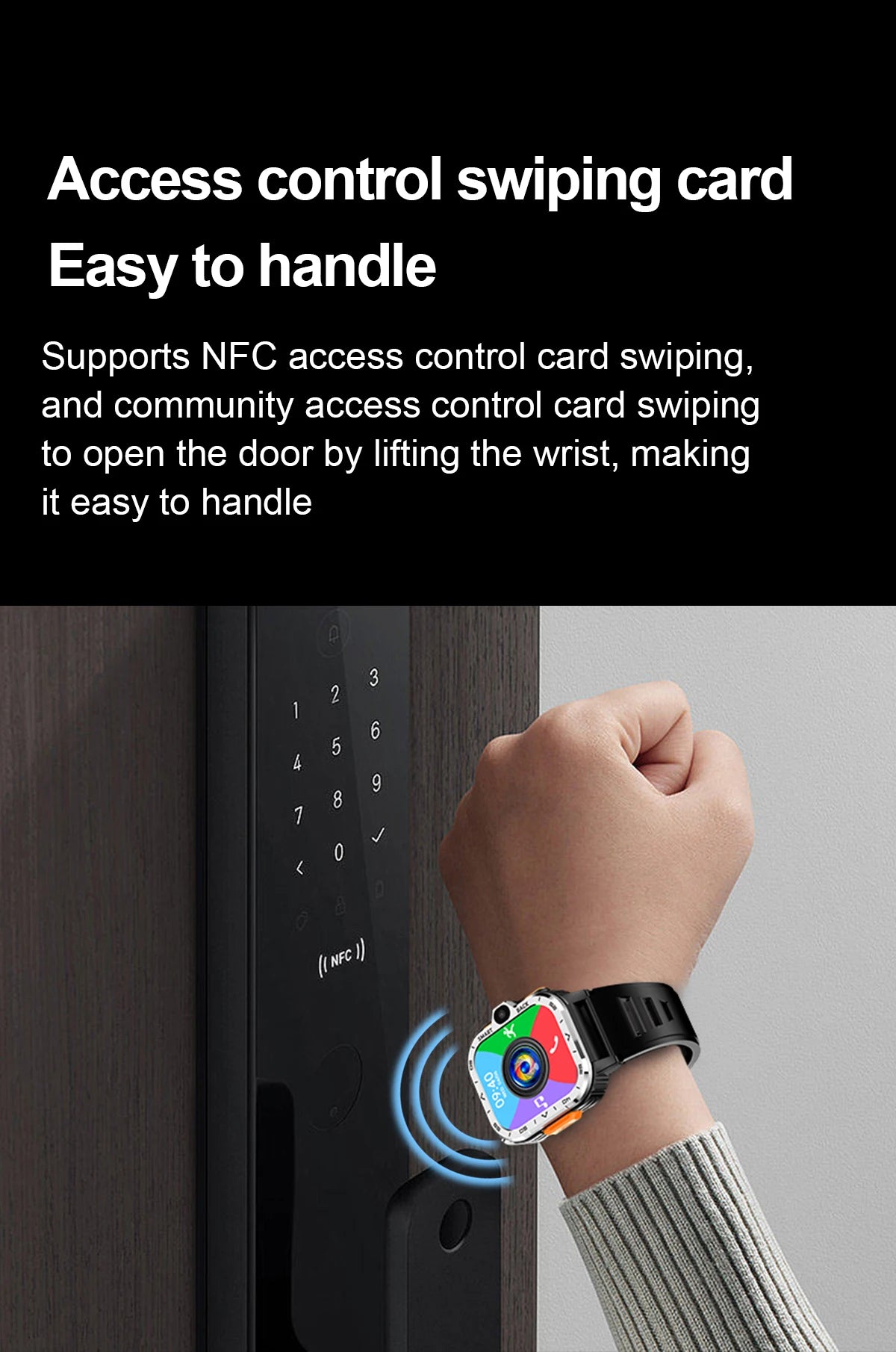 Using the Valdus PGD Smart Watch for Men, one can effortlessly activate an NFC digital door lock by simply raising their wrist near the sensor, showcasing seamless entry and the convenience of wearable technology.