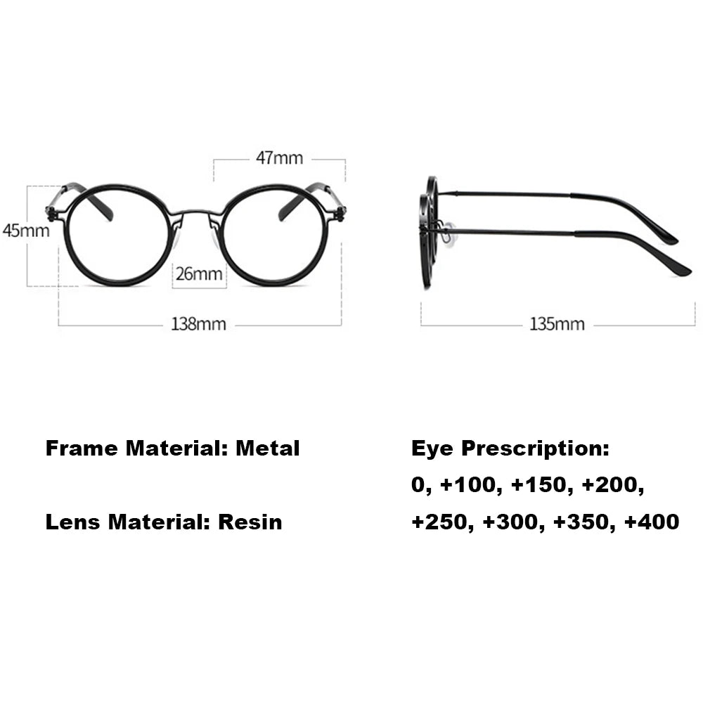 A diagram of KLASSNUM High-Quality Reading Glasses - Blue Light Blocking: lens height 45mm, width 47mm; bridge width 26mm, total width 138mm, temple length 135mm. Made with metal frame and resin lenses for blue light protection. Prescriptions range from 0 to +400.