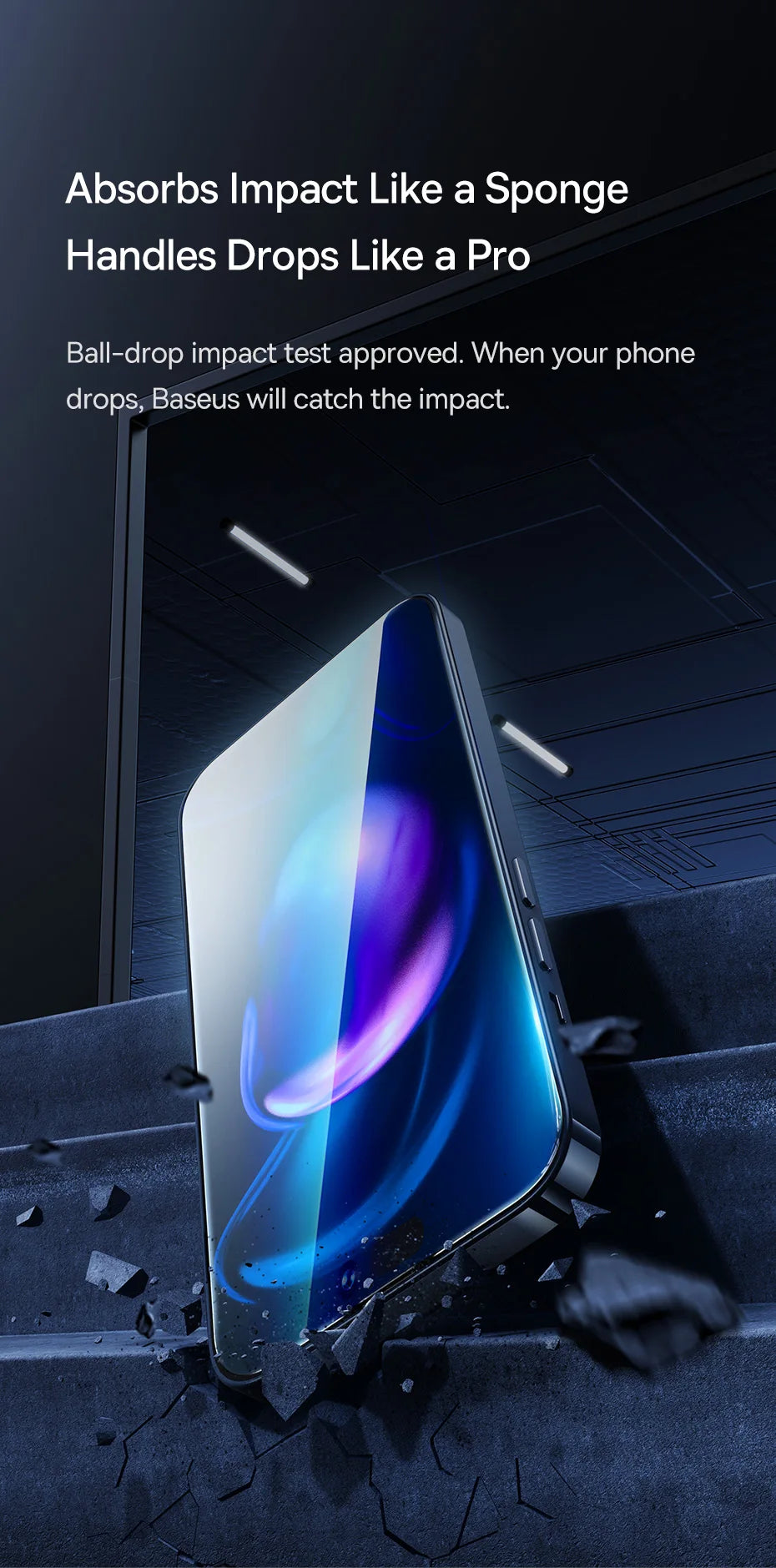 A promo shows a YKSPACE 2Pcs Anti Blue-Ray Tempered Glass Screen Protector on a vivid smartphone hitting a rough surface, debris flying. Above: “Absorbs Impact Like a Sponge, Handles Drops Like a Pro.”.