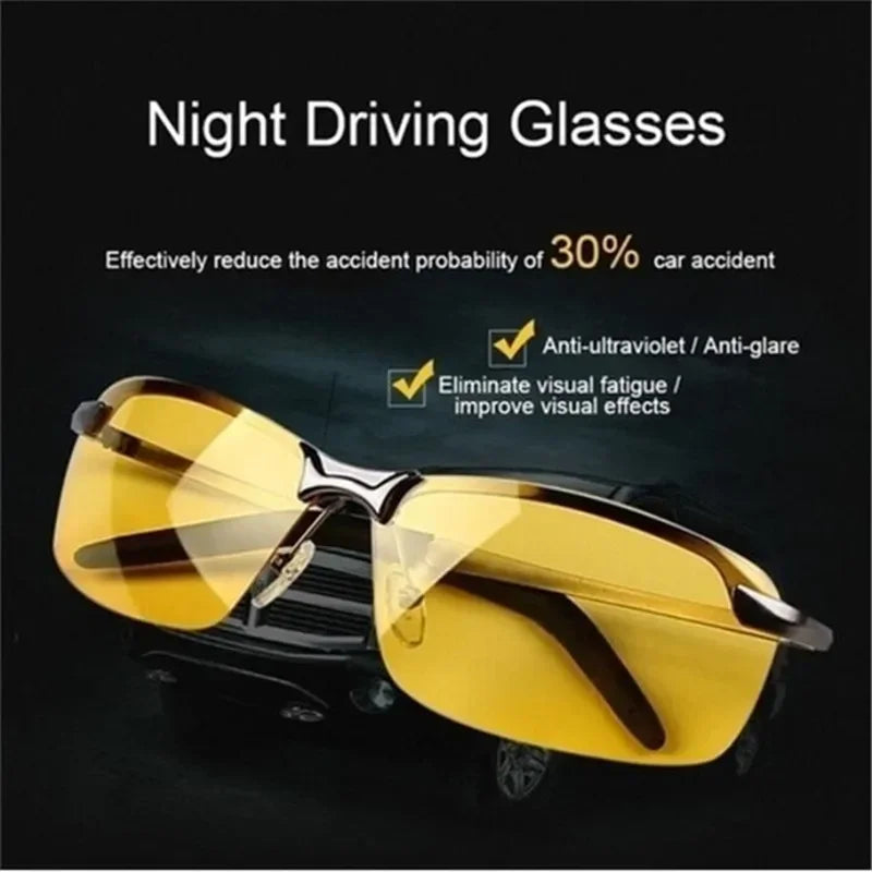 Image showcases HARKO Polarized Night Vision Cycling Sunglasses on a dark background. They claim to reduce car accident risk by 30% and feature anti-ultraviolet and anti-glare properties for reducing visual fatigue, enhancing visual effects—perfect for outdoor adventures.