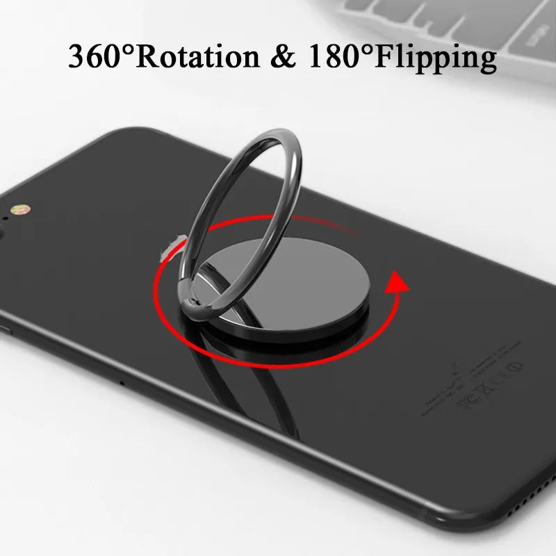 A smartphone is equipped with the stylish Luxury Metal 360° Rotation Mobile Phone Ring Holder in sleek black, designed for smooth 360-degree rotation and 180-degree flipping. The image emphasizes these convenient features.