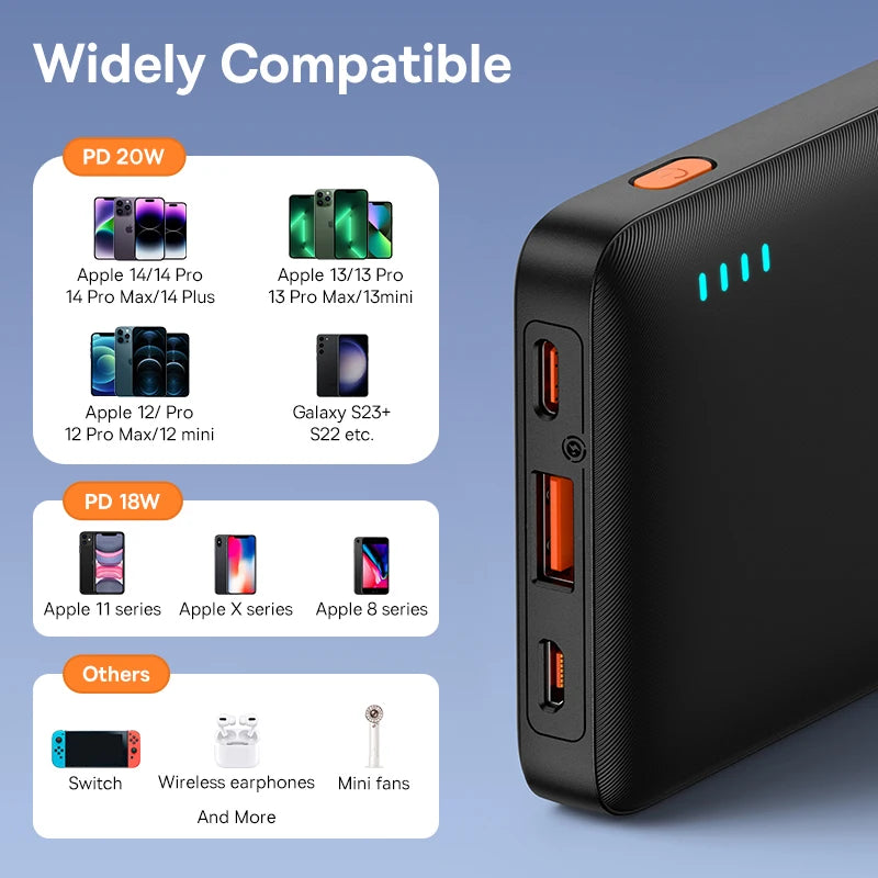 The sleek Baseus Airpow 20W Power Bank, with a 10000mAh capacity and multiple ports, stands out on blue. Perfect for fast charging Apple and Galaxy devices, Nintendo Switch, wireless earphones, and mini fans. LED indicators are smartly placed on its side.