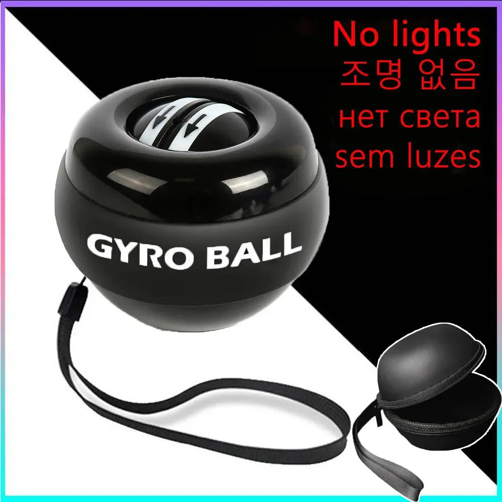 The LED Gyro Wrist Force Handball: Automatic Power, labeled No lights in English, Korean, Russian, and Portuguese, features a black design with GYRO BALL text and includes a wrist strap. Ideal for strength training exercises without any LED light elements.