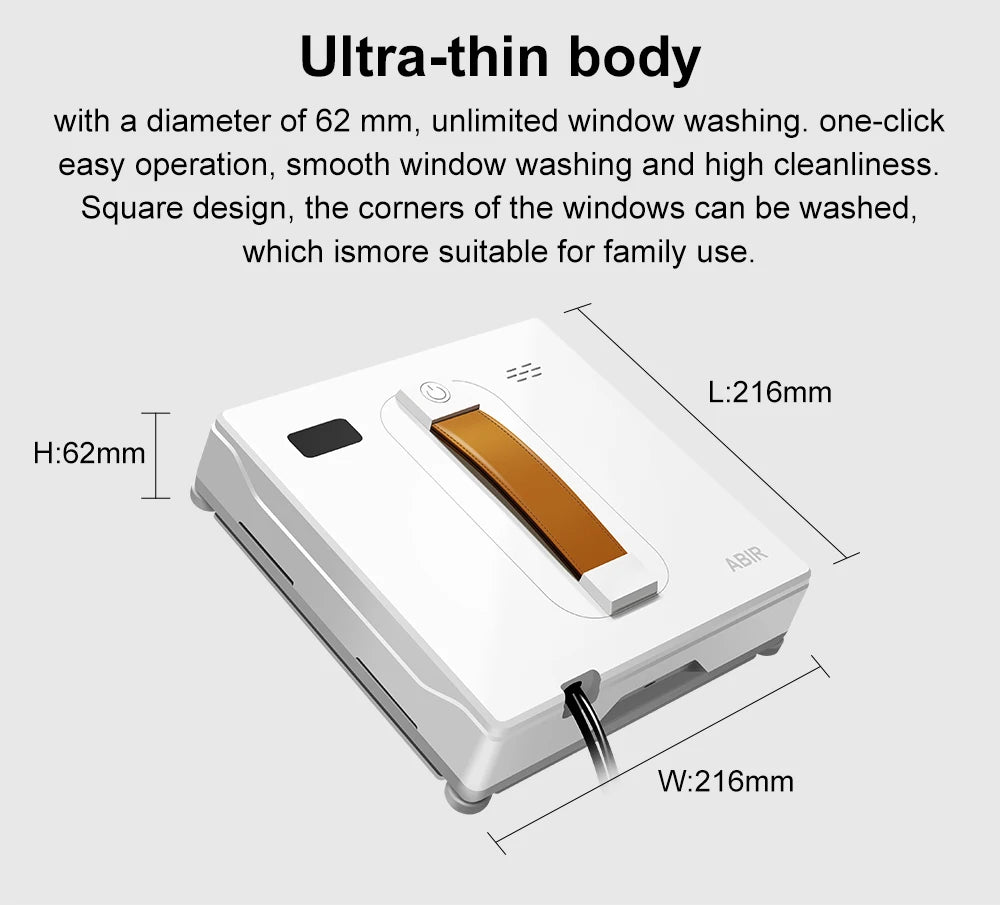 A promotional image features the ABIR WD8 Robot Window Vacuum, an ultra-thin cleaner with dimensions: 62mm height, 216mm length, and 216mm width. It offers ease of use and family suitability, includes a visible cable for smart home integration, and boasts dual spray with laser sensors.