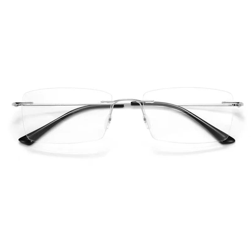 YINSQER Titanium Rimless Reading Glasses - Blue Light Blocking, featuring thin metal arms, black temple tips, and clear lenses, photographed from the front on a white background.