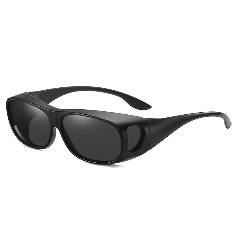 The MOKDUFF Polarized Sunglasses, designed to fit comfortably over glasses, offer full eye coverage with sleek black wraparound frames, dark lenses, and side shields. With UV400 protection and a slightly curved frame for a snug fit, they ensure comprehensive safety and comfort.